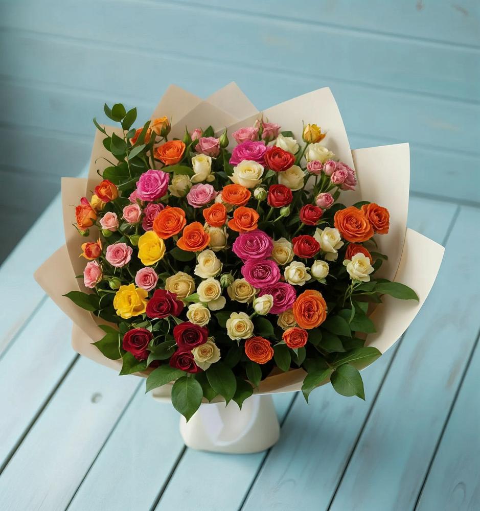 Букет Микс из разноцветных кустовых роз в Гряды