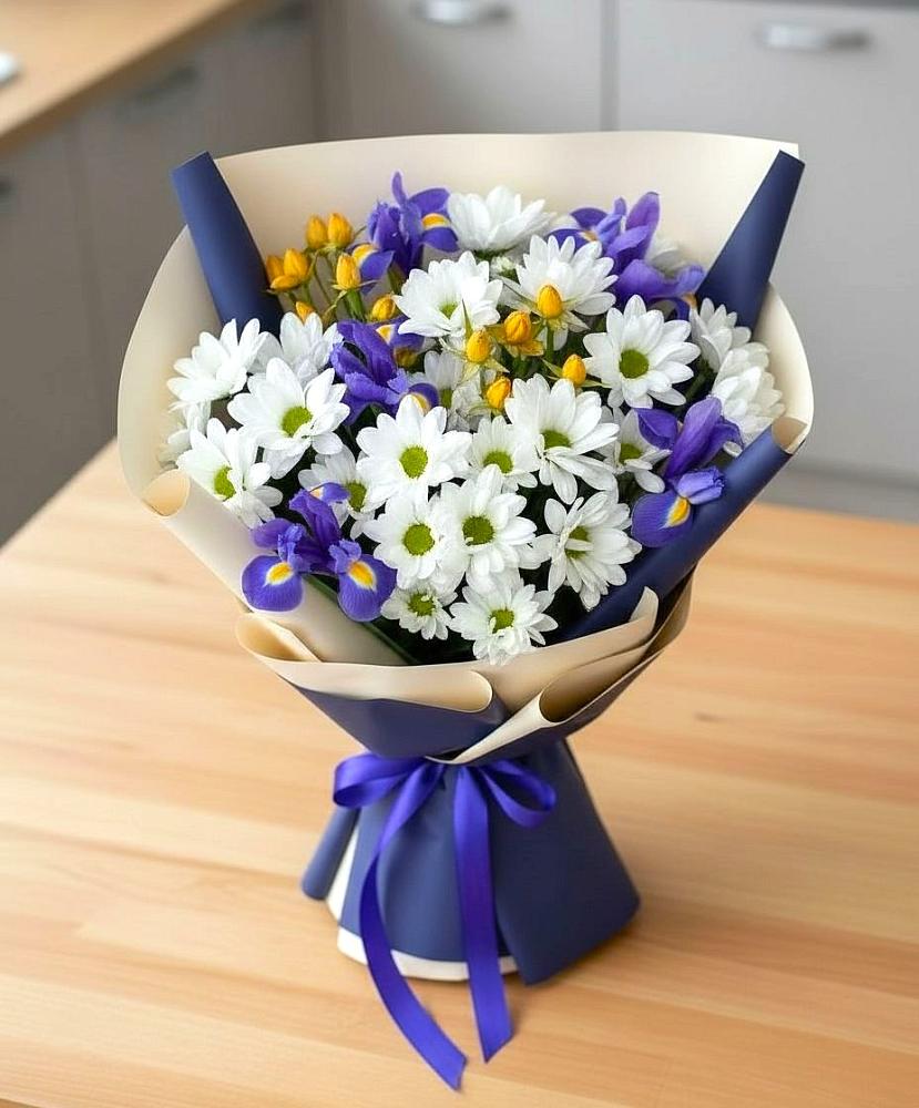 Букет цветов из: Розы, Ирисы и Хризантемы в Гряды