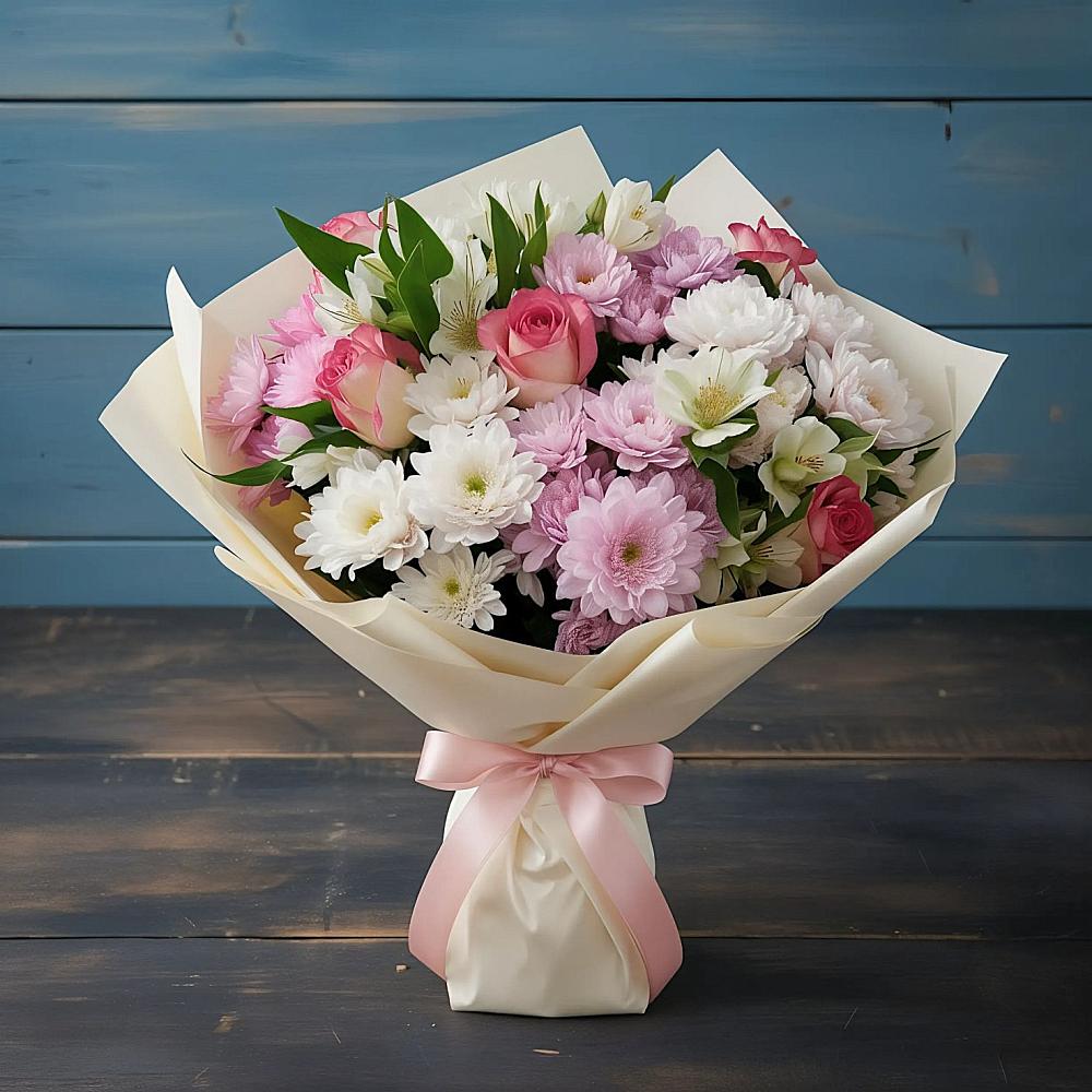 Букет цветов из: Хризантемы, Альстромерии и Розы в Гряды